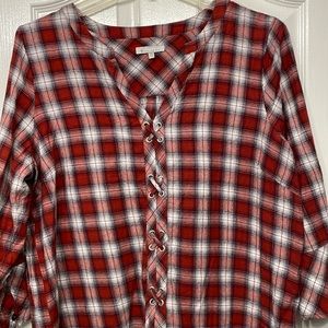 Skies are blue 1x women too. Burnt orange and navy plaid. Cotton